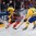 PRAGUE, CZECH REPUBLIC - MAY 6: Canada's Jordan Eberle #14 battles for the puck against Sweden's Johan Fransson #8 and Mattias Ekholm #14 during preliminary round action at the 2015 IIHF Ice Hockey World Championship. (Photo by Andre Ringuette/HHOF-IIHF Images)

